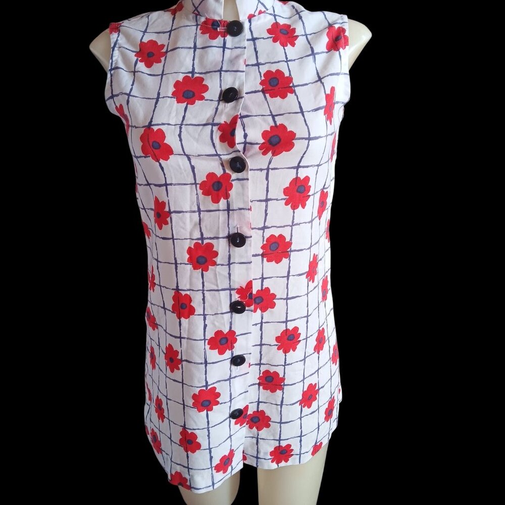 True Vintage Women's Small XS Top Frock Mandarin Collar Sears 1970's Mod Mom